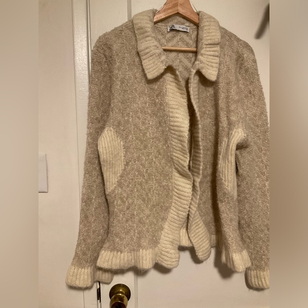 Zara light brown and white cardigan with bell sleeves